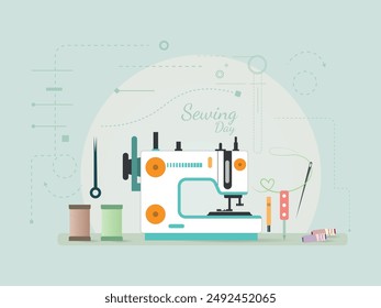 Artistic illustration of a sewing machine and sewing tools like thread spools and a needle, celebrating Sewing Day with decorative stitching patterns and a heart-shaped thread design in the background