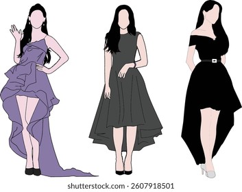 An artistic illustration showcasing three elegant women dressed in stylish evening dresses, displaying sophistication and charm, perfect for fashion, design concepts, or artistic creations.