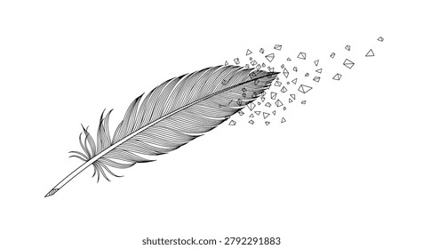 Artistic illustration of a single feather breaking apart into small geometric fragments in a detailed black and white line art style.