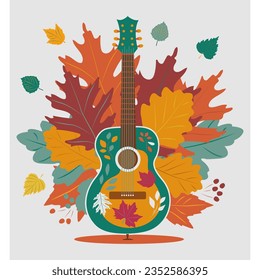 Ilustración artística con una guitarra de seis cuerdas y hojas de otoño. Para revistas de música; banners; plantilla de banner de concierto; música country, actuación rock, tarjetas de invitación