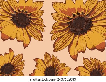 Artistic illustration of sunflowers in vintage style. Vector design with beige background.