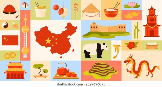 An artistic illustration that beautifully showcases the vibrant and dynamic elements of Chinese culture and heritage vector illustration. Represents the China national identity.