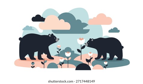Ilustración artística de dos osos negros enfrentados entre nubes estilizadas y flores en tonos naturales apagados.