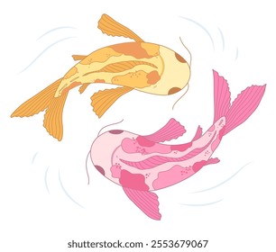 Artistic illustration of two colorful koi fish gracefully swimming in circular harmony, symbolizing balance and serenity