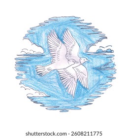 Artistic Illustration of Two Doves Flying Amid Blue Sky and Clouds   