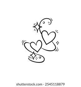 Artistic illustration of whimsical hearts and sparkles intertwined with playful swirls in a minimalist style