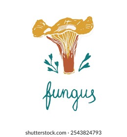 Artistic illustration of a wild mushroom with a yellow cap, red stem and small green foliage. The word “fungus” is handwritten below, adding a rustic, natural touch. Botanical, nature-themed design.