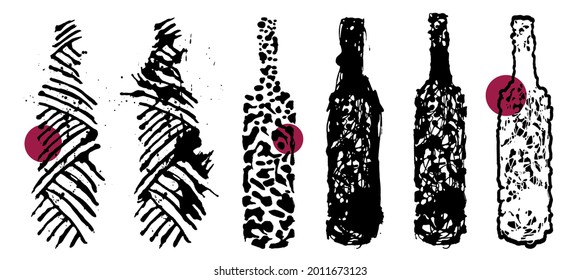 Ilustración artística de botellas de vino. Concepto de viñedos y gotas de vino. Creatividad para la decoración, los antecedentes de diseño y las impresiones. Ilustración vectorial. Aislado