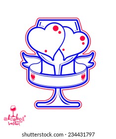 Artistic illustration of wineglass with two loving hearts. Alcohol theme object Ã?Â¢?? stylized goblet with decorative ribbon, best for use in graphic design and advertising.