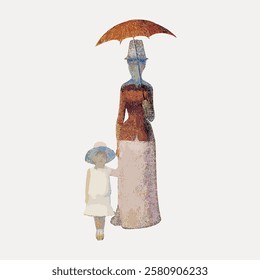 Artistic illustration of a woman and child under an umbrella. The woman wears a long dress, and the child is in a hat. Soft, muted colors create a serene scene. Vintage woman illustration vector.