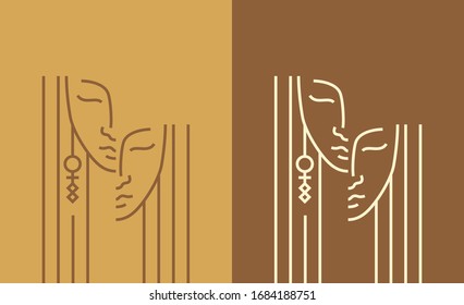 Artistic illustration of a woman face. Linear drawing of a human head. Vector emblem in a minimalistic style.