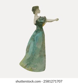 Artistic illustration of woman in a long, elegant dress. The watercolor style adds a vintage feel. The woman stands gracefully, evoking a sense of timeless elegance. Vintage woman illustration vector.