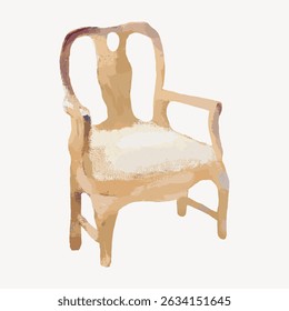 Artistic illustration of a wooden chair with a classic design. The chair features elegant curves and a cushioned seat, emphasizing its vintage wooden style. Vintage art illustration vector.