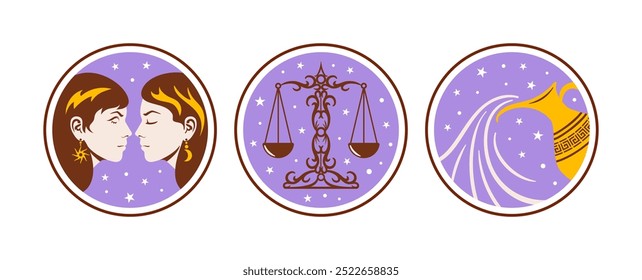 Artistic Illustrations of Zodiac Gemini, Libra and Aquarius with celestial themes in vibrant colors that capture their essence. celestial objects, mystical, space, predict, future, trigon the air