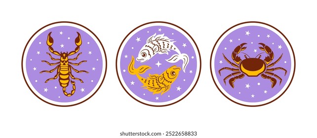 Ilustraciones artísticas de signos del zodiaco Escorpio, Piscis y Cáncer con temáticas celestiales en colores vibrantes, capturan su esencia.Objetos celestiales, místicos, espacio, predicen, futuro, trigan el agua