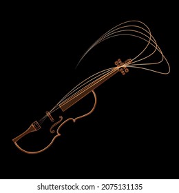 artistic image of a violin with flying strings on a black background