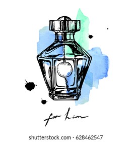 Artistic image with watercolor spots from haute couture. Perfume blue bottle in sketch style. Trendy men glamour print.
