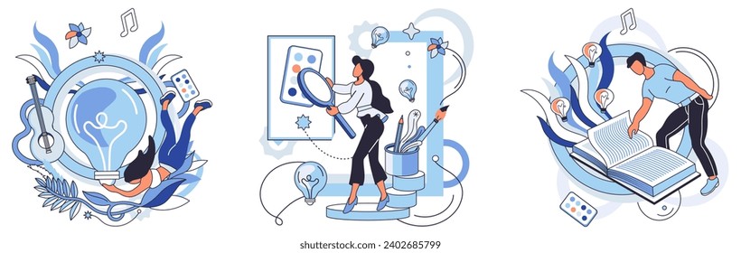 Artistic imagination vector illustration. Imagination, architect art, designs intricate blueprints materialize into tangible creations Artistic creativity, dance ideas, choreographs movement brush