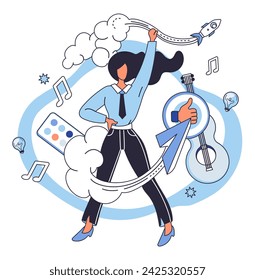 Artistic imagination vector illustration. Artistic imagination unfurls its wings, carrying artist into realm where ideas materialize into art Creativity is silent companion as artist navigates