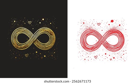 artistic infinity symbol in gold and red, surrounded by hearts and sparkles. Represents eternity, love, and limitless possibilities with elegant textures