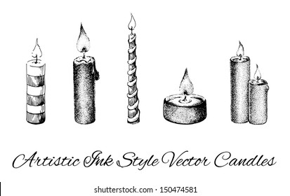 Artistic Ink style vector collection of candles. 