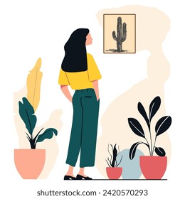 Artistic Insight: Women Viewing Painting - Evocative of Aesthetic Appreciation and Cultural Exploration. Flat Vector Illustration
