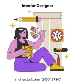 Artistic Interior Designer Selecting Patterns. A creative professional chooses textures and colors, envisioning stylish and cohesive home decor. Flat vector illustration.