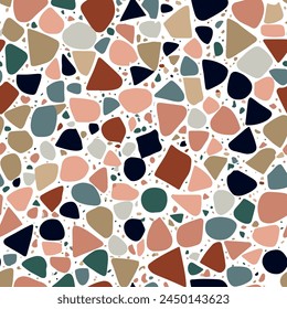 Artistic interpretation of terrazzo seamless texture with multicolored abstract shapes.