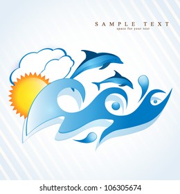 artistic jumping dolphins, sun set and splashing water wave vector illustration