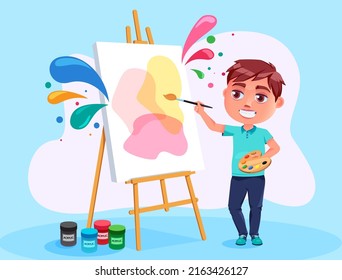 Diseño artístico de caracteres vectoriales de niños. Niño artista en gesto de pintura feliz con colorida decoración abstracta para hombre creativo. Ilustración vectorial.
