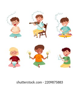 Artistic Kids Character Playing Musical Instrument at Music Lesson Vector Set