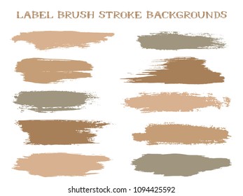 Artistic label brush stroke backgrounds, paint or ink smudges vector for tags and stamps design. Painted label backgrounds patch. Interior colors guide book swatches. Ink dabs, brown splashes.