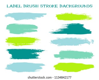 Artistic label brush stroke backgrounds, paint or ink smudges vector for tags and stamps design. Painted label backgrounds patch. Vector ink color palette samples. Ink smudges, teal green spots.