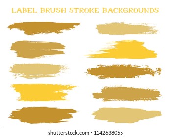 Artistic label brush stroke backgrounds, paint or ink smudges vector for tags and stamps design. Painted label backgrounds patch. Interior colors guide book elements. Ink smudges, stains, gold spots.
