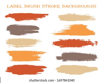 Artistic label brush stroke backgrounds, paint or ink smudges vector for tags and stamps design. Painted label backgrounds patch. Interior paint color palette samples. Ink dabs, red brown splashes.