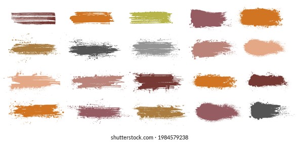 Artistic label brushstroke set. Ink splashes stencil set. Paint brushes for patch, tags, background, stamps and grunge forms. Color palette, template with smudges, mud, spray effect. Label patch set
