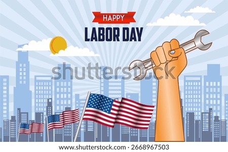 Artistic Labor Day Poster Design with Workers’ Hand, Safety Hat and Cityscape