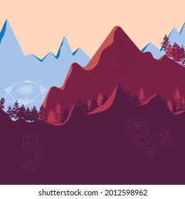 Artistic landscape composed of mountains, trees and Nazca lines.