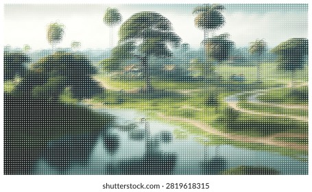 Artistic landscape featuring palm trees and lush vegetation, stylized digital halftone dot pattern, scenic nature view with misty tropical elements.