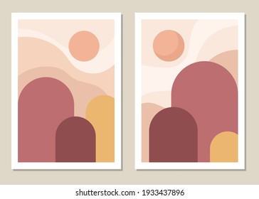 Artistic landscape wall. Abstract geometric landscape with mountains for covers, posters, prints, wall art in minimalist style. Vector.