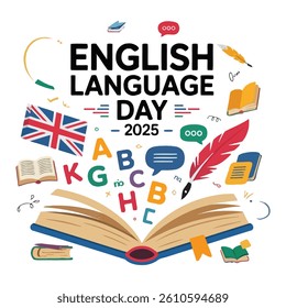 An artistic layout designed to honor the beauty of the English language with refined elements like quill pens, books, flags, and flowing typography. Ideal for educational materials, 