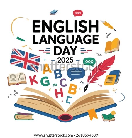 An artistic layout designed to honor the beauty of the English language with refined elements like quill pens, books, flags, and flowing typography. Ideal for educational materials, 