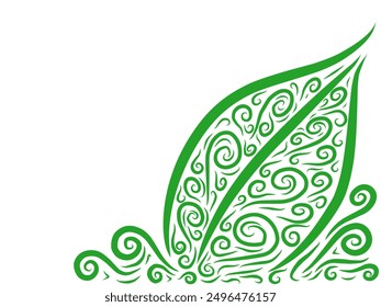 artistic leaf calligraphic style illustration with copy space for background. green line doodle art. 