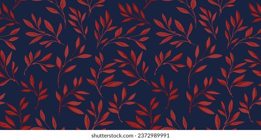 Artistic leaf stems seamless pattern. Abstract, delicately small garden leaves, branches print. Vector hand drawn. Template for design, fashion, fabric, interior decor, wallpaper