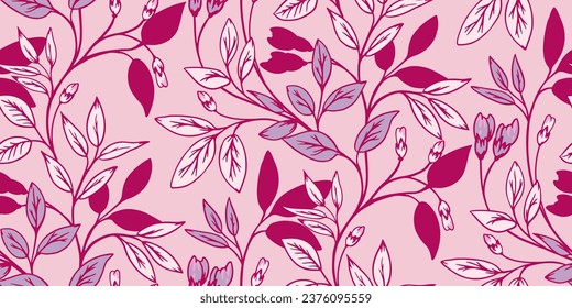 Artistic leaves stem, buds intertwined in seamless pattern Vector hand drawn silhouette, shape, leaf branches. Floral abstract burgundy print. Template for design