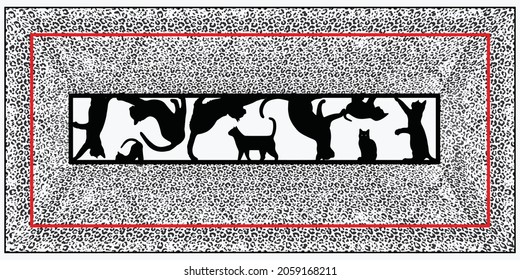 Artistic leopard textured oriental kilim runner rug with  geometric cats ornament. Patterned carpet with a border frame. Cross stitch template. Vector 10 EPS illustration.