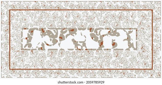 Artistic leopard textured oriental kilim runner rug with  geometric cats ornament. Patterned carpet with a border frame. Cross stitch template. Vector 10 EPS illustration.