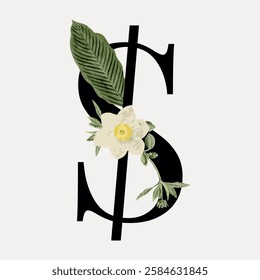 Artistic letter 'S' with floral design. The letter 'S' is adorned with a white flower and green leaves. Elegant 'S' with nature-inspired floral elements. Vintage art illustration, vector.