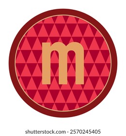 Artistic ‘m’ letter in warm tones on vibrant red triangles background. Unique circular frame design for logos or branding.