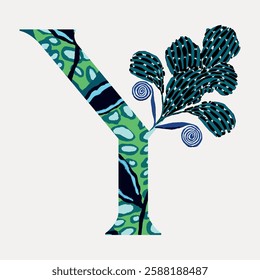 Artistic letter 'Y' with green and blue patterns, featuring abstract leaf designs. The letter 'Y' stands out with its unique, artistic, and colorful patterns. Vintage font illustration vector.